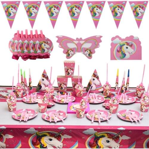 Rainbow Unicorn Birthday Party Tableware Set plates Cup Kids Favor Unicorni Led Light Wedding Baby Shower Party Decorations