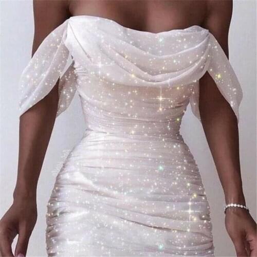 Sexy Solid Color Sequins Dress Women Ruffle Off Shoulder Prom Midi Dress Evening Party Club Dance Bodycon Short Mini Dresses