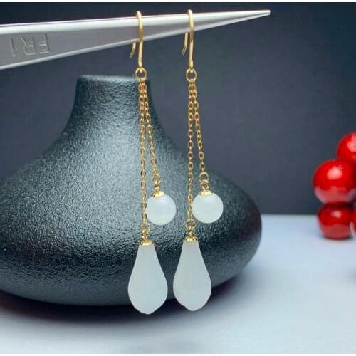 SHILOVEM 18k yellow gold real Natural white Jasper drop earring classic fine Jewelry women wedding gift 8*17mm myme08170606hby