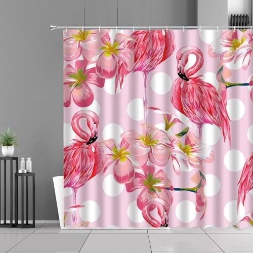 Pink Flamingo Flower Printing Shower Curtains Cartoon Animal Children Bathroom Curtain Bathtub Decor Screen Waterproof Polyester