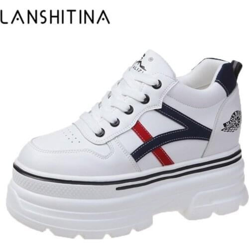 New Women Chunky Sneakers 2021 Spring Casual Vulcanized Shoes Woman High Platform 8cm Heels Sneakers Woman Lace-up Leather Shoes