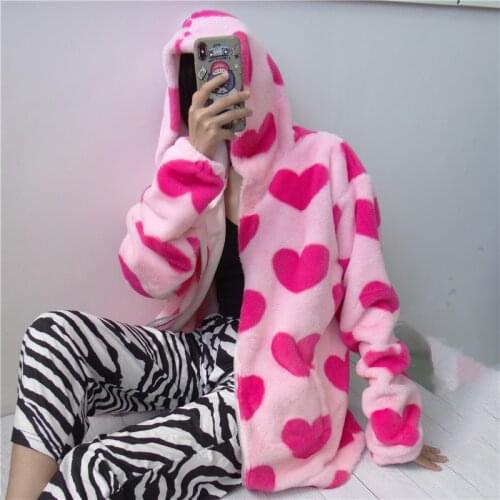 Heart Print Zipper Women Korean Style Fuzzy Oversize Hoodies Vintage Pink Long Sleeve Sweatshirt 90s Casual Loose Female Clothes