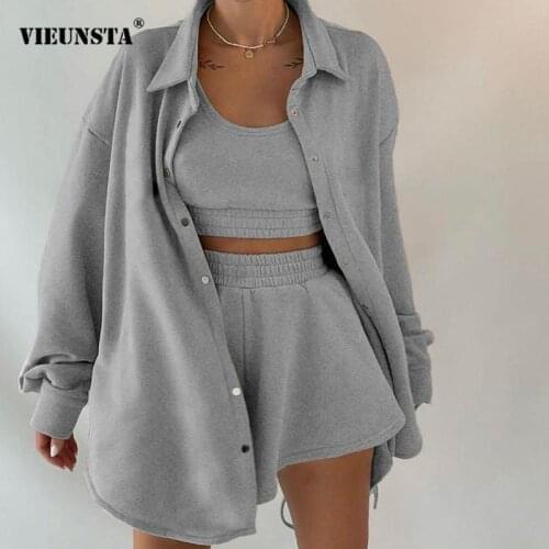 2021 Women Tracksuit Fashion Loose Long Sleeve Coat + Vest + Shorts Suits Casual Homewear And Outdoor 3 Piece Set Autumn Outfits
