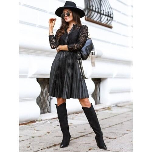 Winter Dress Women Novel New Lace Splicing PU Pleated Dress For Woman Mesh Long Sleeve Lace Patchwork Black Casual Slim Dresses