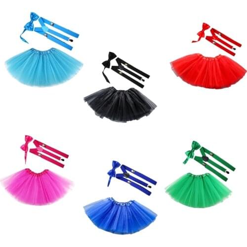 066C Toddler Kids 3 In 1 Party Costume Set Solid Color 3 Layered Tulle Tutu Skirt with Bowtie Suspender Ballet Dance Outfits