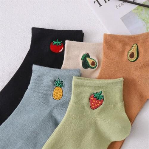 5 Pairs Candy Color Embroidery Women Short Socks Strawberry Pineapple Pear Persimmon Fruit Solid Cotton Cute Socks For Ladies