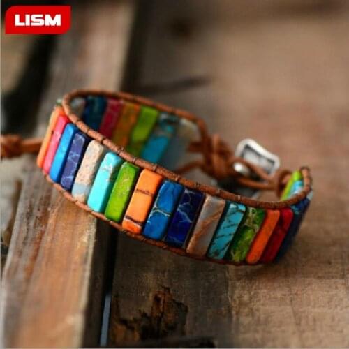 Chakra Bracelet Jewelry Handmade Multi Color Natural Stone Tube Beads Leather Wrap Bracelet Couples Bracelets Creative Gifts