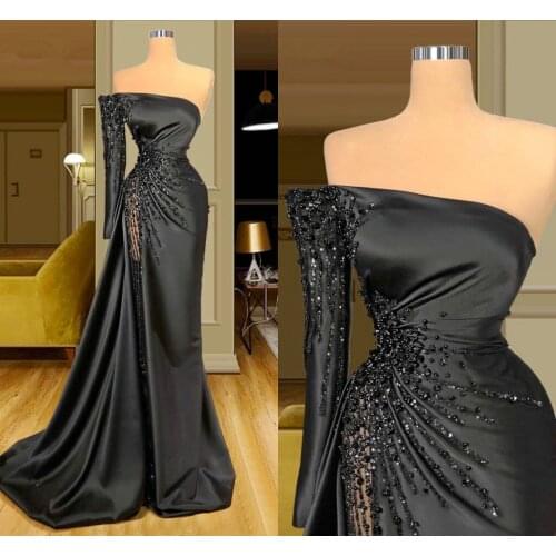 Dubai Black Single Long Sleeve Mermaid Evening Dresses Beads Sequins Longue Robes Formal prom Dress Robes De Soiree