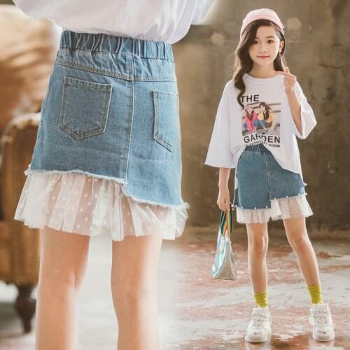 Kids Girls Jeans Skirts 8 10 12 years Lace Patchwork Fashion Summer Teenage Girls Outfit