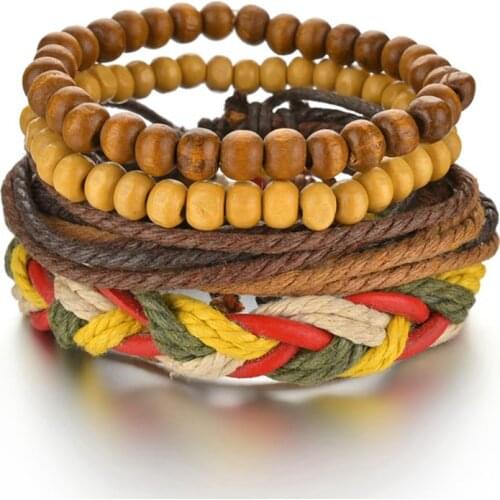 Brown Handmade New Punk 4 pcs/set Multilayer Wood Beads Charm Bracelets Men Bracelets Women Homme Jewelry Gift