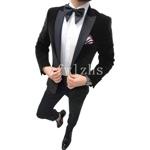 Handsome Velveteen Groomsmen Peak Lapel Groom Tuxedos Mens Wedding Dress Man Blazer Prom Dinner (Jacket+Pants+Tie) A151