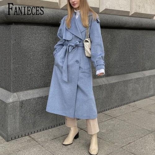 FANIECES Fashion Blue Long Wool Coat Solid Color Long Sleeve Chic Outerwear Ladies Overcoat Winter 2021manteau femme hiver