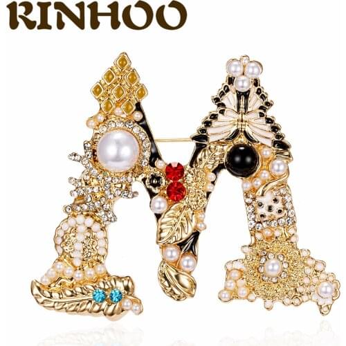 Vintage Luxury Exquisite Letter M Enamel Pearl Crystal Brooch For Women Mens Fashion Retro Initial Name Brooch Pin Dropshipping