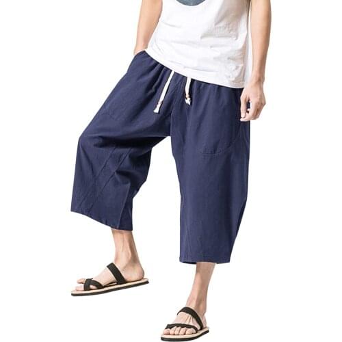 Shanghai Story Mens Baggy Cotton Linen Pants Casual Pocket Drawstring Calf-Length Harem Pants Beach Sports Long Shorts 7 Color