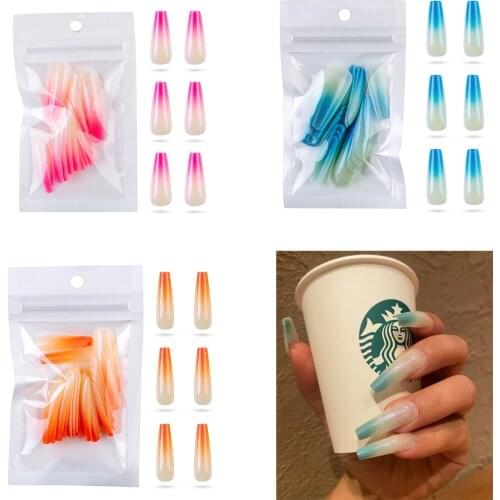 24pcs Long Gradient Ballet Magic Mirror Powder Fake Nails T Shape Coffin Nails Wearing Plastic Press On False Nail Tips Nail Art