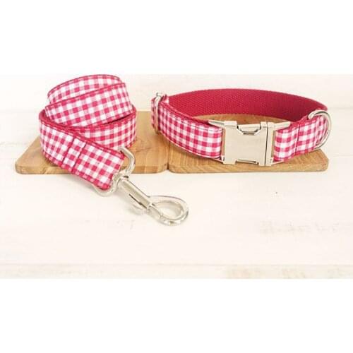 Handmade Dog Collar Leash Unique Pet Products Leads Necklace Pet Accessories Pink Plaid Collar Leash Set for Small Large Dogs