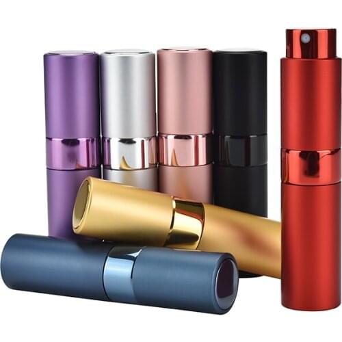 8ML Empty Perfume Bottle Lipstick Shape Glass Spray Bottle Rotary Type spray Aluminum Cosmetic Packaging Mini Parfum Bottle Gift