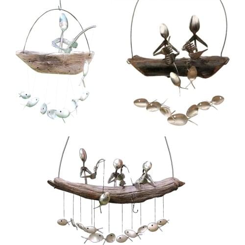 Fishing Man Spoon Wind Chime Metal Funny Sculptures Indoor Outdoor Hanging Statue Ornaments for Bedroom Window Garden Wall Decor