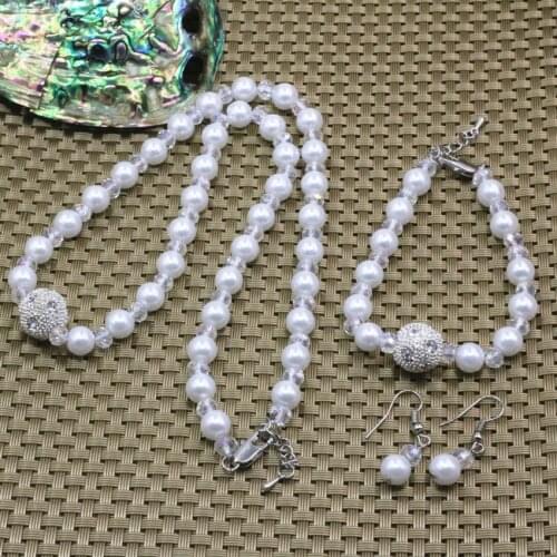 Charms women white simulated-pearl shell 8mm round beads abacus crystal chian necklace bracelet earrings women jewelry set B3181