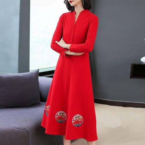KMETRAM Vintage Red Woolen Dress Women Clothes 2020 Autumn Winter Elegant Dress Bridesmaid Dresses Plus Size Vestidos MY3199