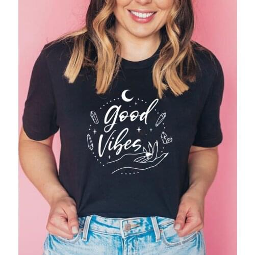 Good Vibes Celestial Moon Print T-shirt Spiritual Women Graphic Witchy Tshirt Clothing Aesthetic Goth Nature Top Tee Shirt