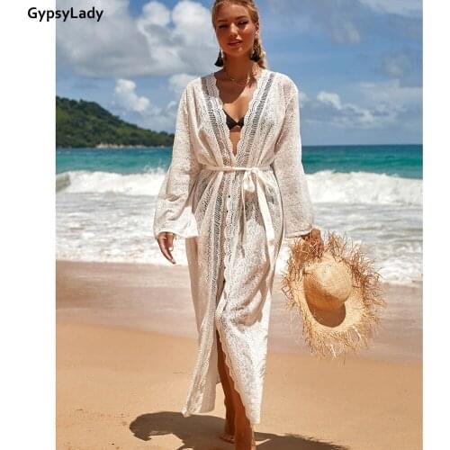 GypsyLady White Lace Long Cardigan Blouse Holiday Vintage Chic Women Blouse hollow out Sheer Sexy Beach Blouse Bikini Tunic Tops