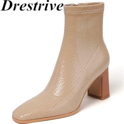 Drestrive Women Ankle Boots Snake Pattern Square Toe Zipper Black 2021 Winter Shoes Thick High Heels Patchwork Patent Leather