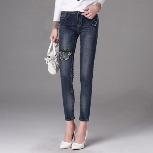 Woman Plus Size Butterfly Embroidery Jeans women new fashion demin skinny Pencil Pants Long Slim Ladies Trousers 30