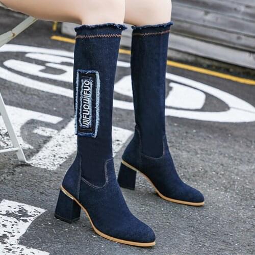 Lucyever Vintage Denim Elastic Knee High Boots Women 2020 Slip on Metal Thick High Heels Long Boots Woman Casual Tassel Shoes 41