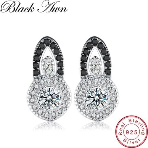 [BLACK AWN] Sterling 925 Silver Jewelry Black Spinel Wedding Stud Earrings for Women Female Earing Sterling Silver Jewelry T002