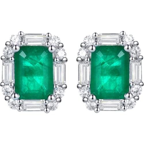 3 Carats Square Green Crystal Emerald Gemstones Diamonds Concise Stud Earrings for Women 18k White Gold Silver Color Jewelry New