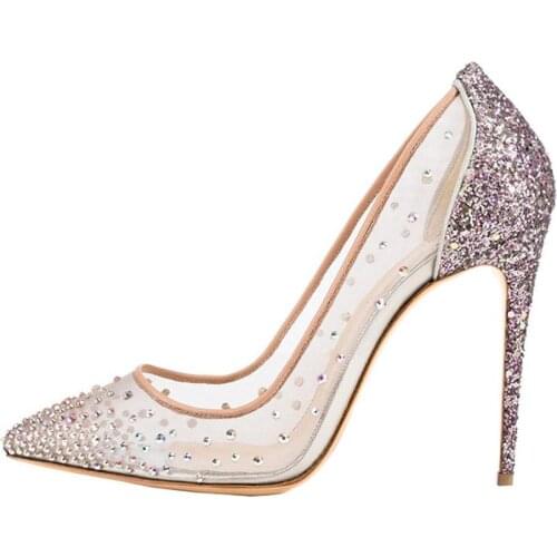 2021 spring new stilettos pointed toe female banquet dress large size shallow mouth single shoes mesh bridal wedding shoes