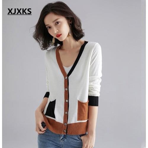 XJXKS Knitted Cardigan Thin Sweater Woolen Sweater Autumn Knitwear Women Cardigan Female Long Sleeve Coat Woman Tops