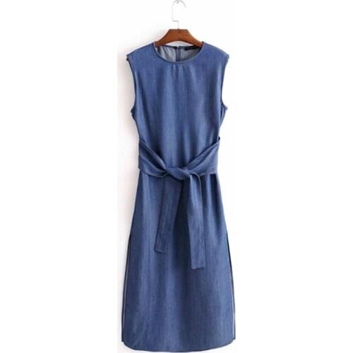 2021 Summer Dress Midi Tencel Elegant Sleeveless Waistband High Slit Blue Wide Shoulder Fashion New Style Female Clothing Casual