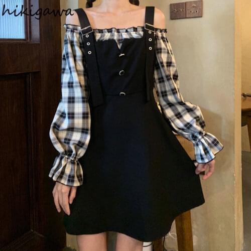 Hikigawa Womens Clothes Ropa Mujer Patchwork Plaid Long Sleeve Dress for Women Japan Vintage Vestidos Korean Fashion Dresses