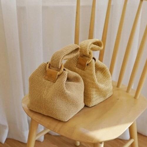 2021 Korean Bohemia Round Buckle Cute Woven Basket Handbag Khaki Blue Small Square Bag Circle Drawstring Buckle Straw Bucket