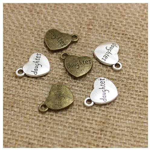 30 pieces/lot) 14*17mm Antique two color Alloy Heart Engraving letters daughter Charm Jewelry Findings T0291