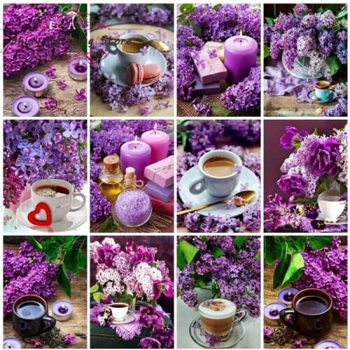 5D DIY Diamond Painting Purple Lilac Flower Coffee Cup Scented Candle Cross Stitch Kit Diamond Embroidery Modern Home Decoration