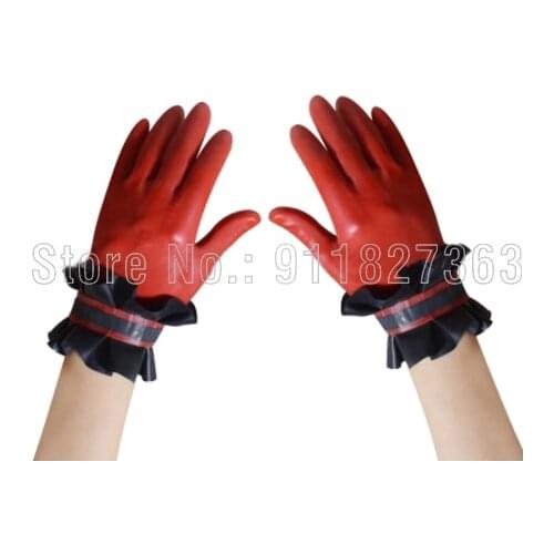Free Shipping !!! Red And Black Sexy Short Latex Gloves With Ruffles On The Top Rubber Mittens