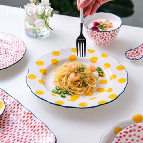 FANCITY Japanese ceramic bowl creative cute small fresh household rice bowl fruit salad bowl breakfast tableware set