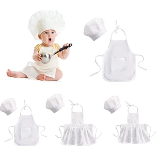 2 Pcs Cute Baby Chef Apron and Hat Infant Kids White Cook Photos Costume Photography Prop Newborn Hat Apron