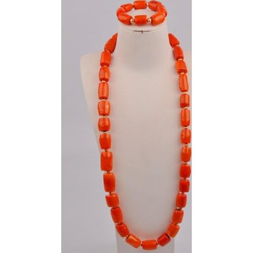 African Men Genuine Coral Beads Jewelry Sets For Nigerian Weddings Necklace With Bracelet Groom Jewellery Free Ship 1-A-01