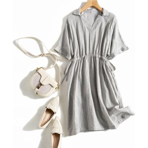 Summer Women Loose Plus Size Petite Japan Style Elastic Waist Comfortable Breathable Water Washed Double Layer Cotton Dresses