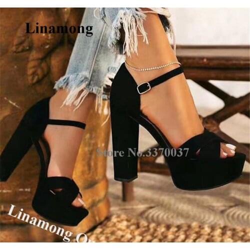 Linamong Elegant Open Toe Black Suede Leather High Platform Chunky Heel Sandals Ankle Strap Big Size Thick High Heel Sandals