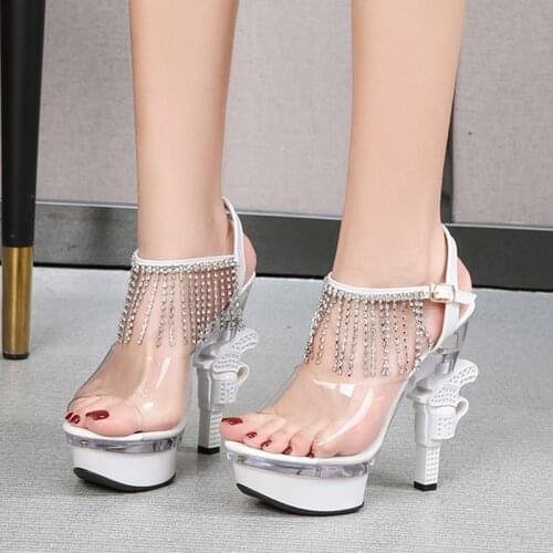Fashion Womens Shoes Platform Transparent PVC Peep-Toe Strange Style Heel Type Rhinestone Tassel Summer Buckle High Heel Tenis