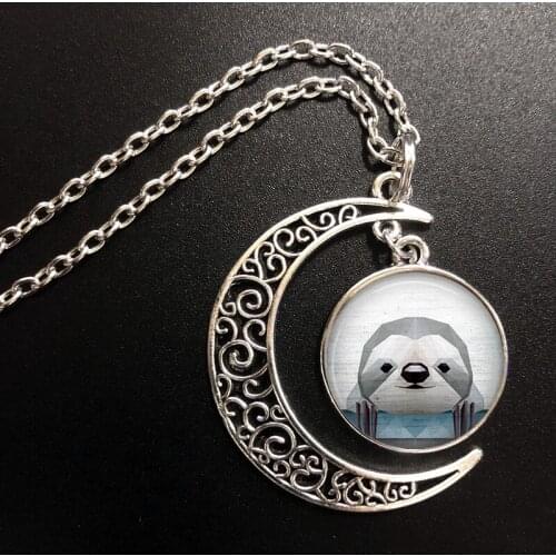 2020 New Sloth Patterns Crescent Moon Necklace Printed Photo Pendant Glass Cabochon Necklaces 20mm Round Fashion Jewelry Gifts