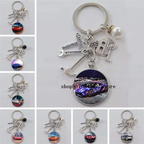 New fashion car keychain, I love car keychain, glass cabochon pendant keychain, car enthusiast collection keychain