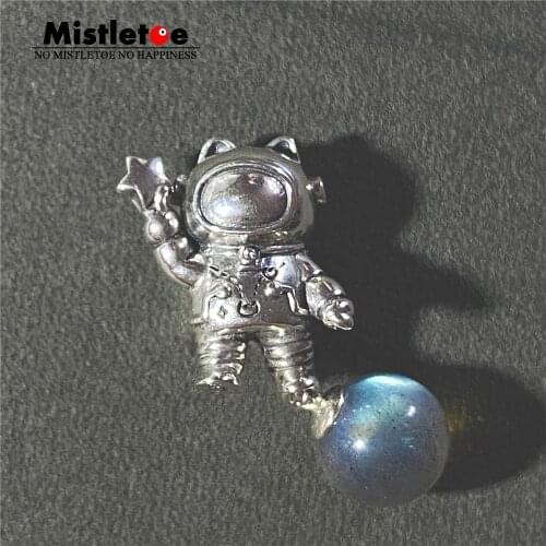 Mistletoe 925 Sterling Silver Astronaut Star catcher Cat With Fine Natural Labradorite Charm Bead Jewelry