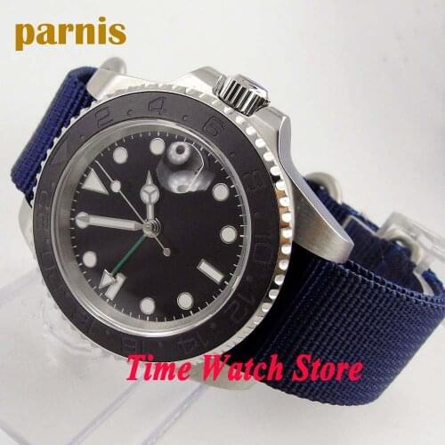 Parnis 40mm GMT Automatic mens watch black dial luminous ceramic bezel blue Nylon strap sapphire glass 407