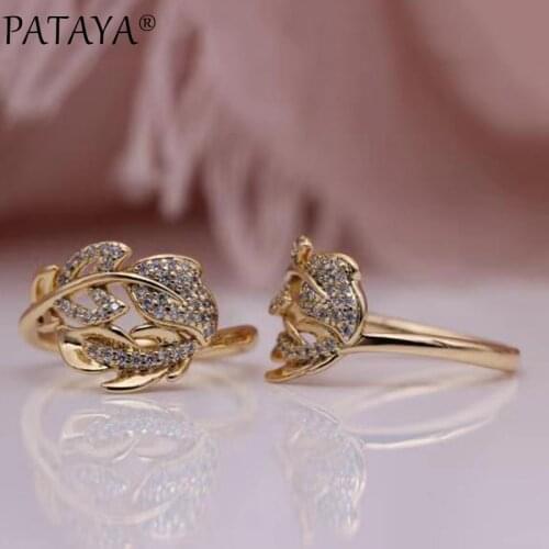 PATAYA New 585 Rose Gold Hollow Leaf Rings White Round Natural Zircon Women Rings Wedding Luxury Party Gift Fine Fashion Jewelry